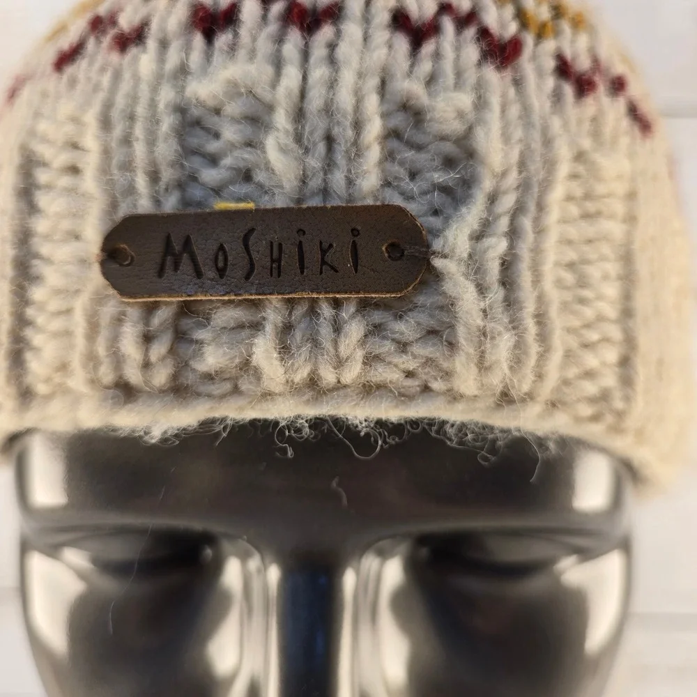 Moshiki Wool Beanie Fair Isle Knit Fleece Lined Winter Hat Cream Brown Nepal